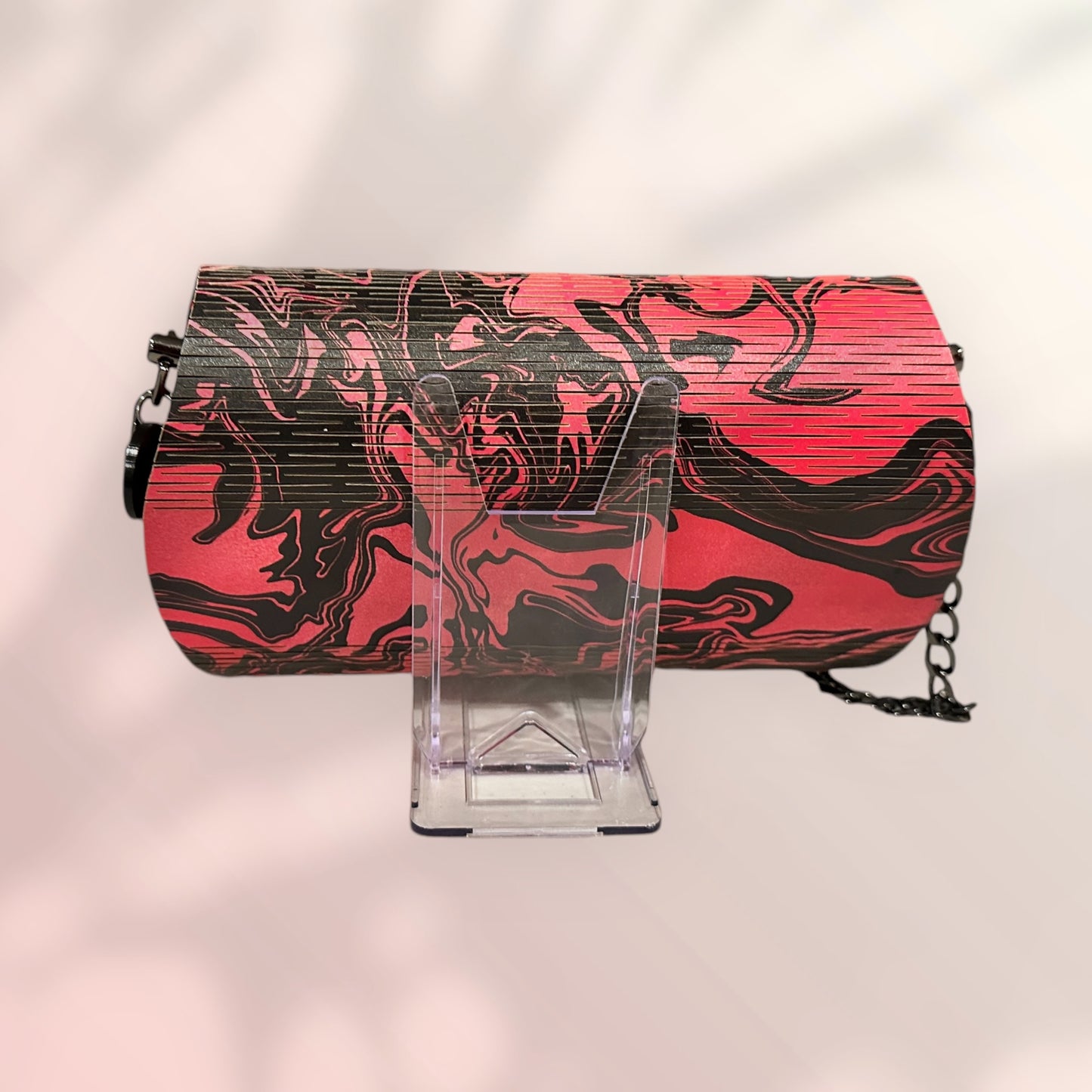 One-of-a-kind Wood Living Hinge Clutch Custom Design Sari Center Breast Cancer Awareness handbag for 2024